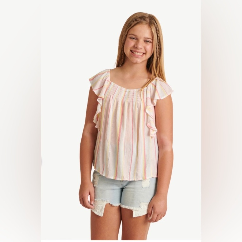 Justice Rose Water Striped Blouse with Ruffle Sleeves